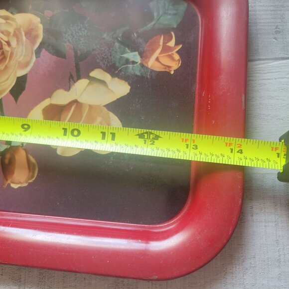 Vintage Red Floral Metal Tray 13.5" X 8.5" Rectangular With Yellow Roses Design - Picture 5 of 6